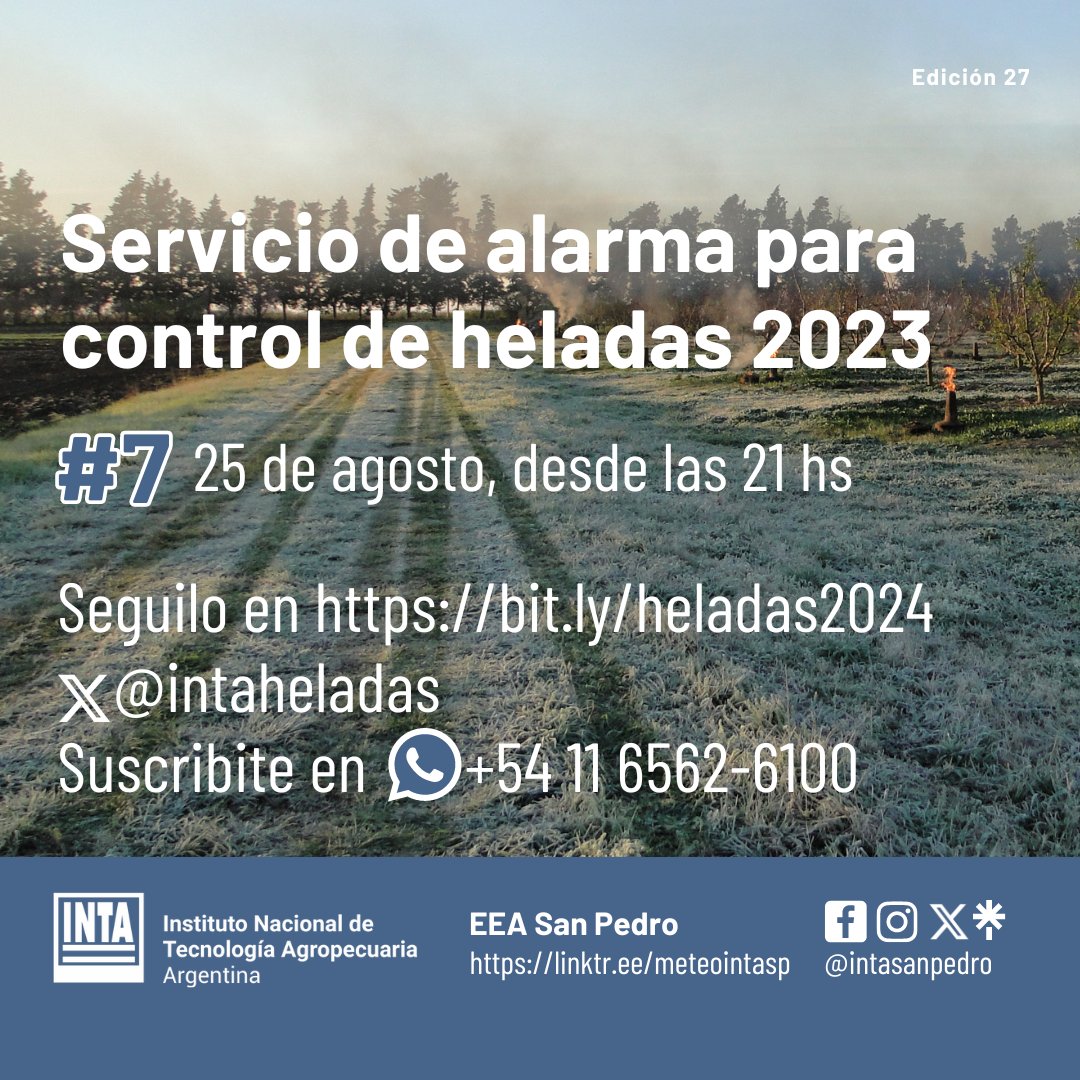 Pondremos en marcha el 7mo  ❄🍑Servicio de alarma para control de heladas.  👉 Pueden seguir esta información, detalles de gráficos y más, en bit.ly/heladas2024