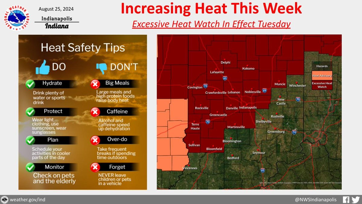 While it was hot today, even hotter weather is on the way tomorrow through Wednesday. An excessive heat watch is now in effect for Tuesday since heat index values may reach 105-110 in places. Now's the time to have a plan as the heat threat continues to increase. #INwx