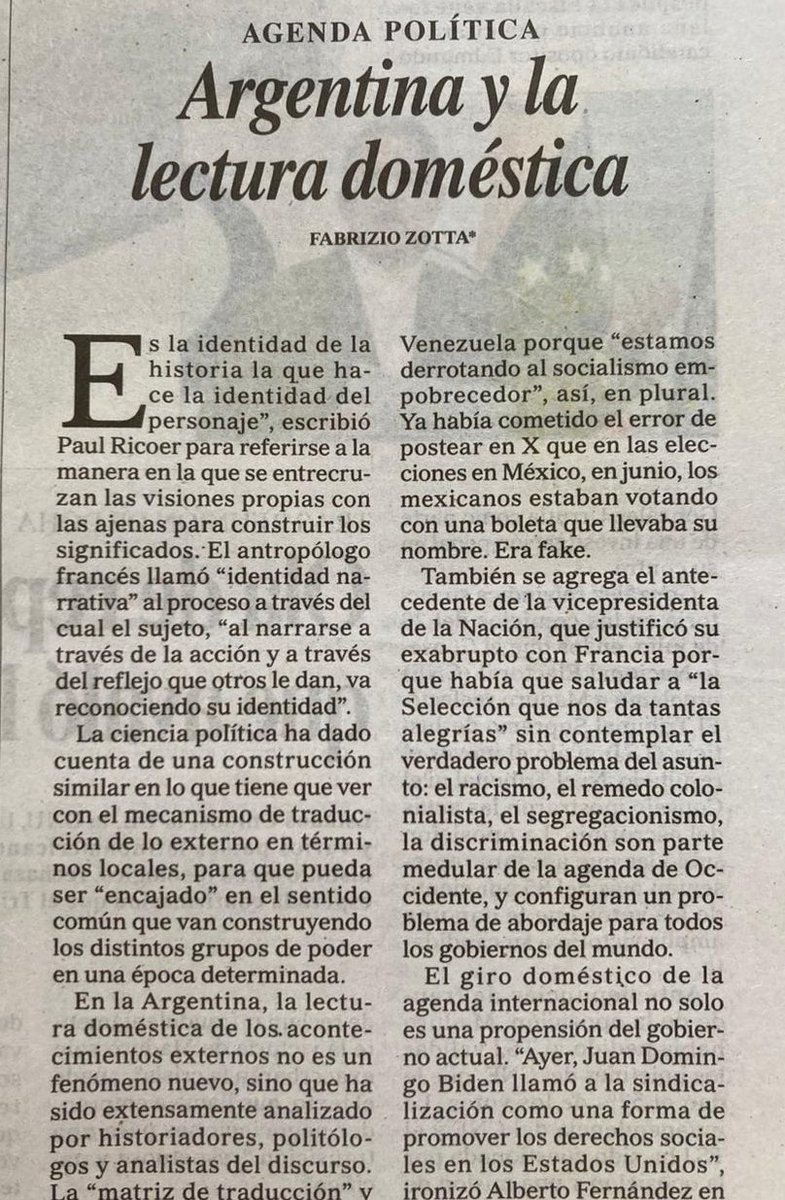 Fabrizio Zotta (@f_brizio) on Twitter photo Es llamativo que la lectura de los acontecimientos del mundo siempre tengan una bajada vernácula anclada en la pura actualidad, sin profundidad histórica, y que presume que el centro del mundo está acá, que es argentino. Opinión para <a href="/perfilcom/">Perfil.com</a>
perfil.com/noticias/opini… Es llamativo que la lectura de los acontecimientos del mundo siempre tengan una bajada vernácula anclada en la pura actualidad, sin profundidad histórica, y que presume que el centro del mundo está acá, que es argentino. Opinión para <a href="/perfilcom/">Perfil.com</a>
perfil.com/noticias/opini…