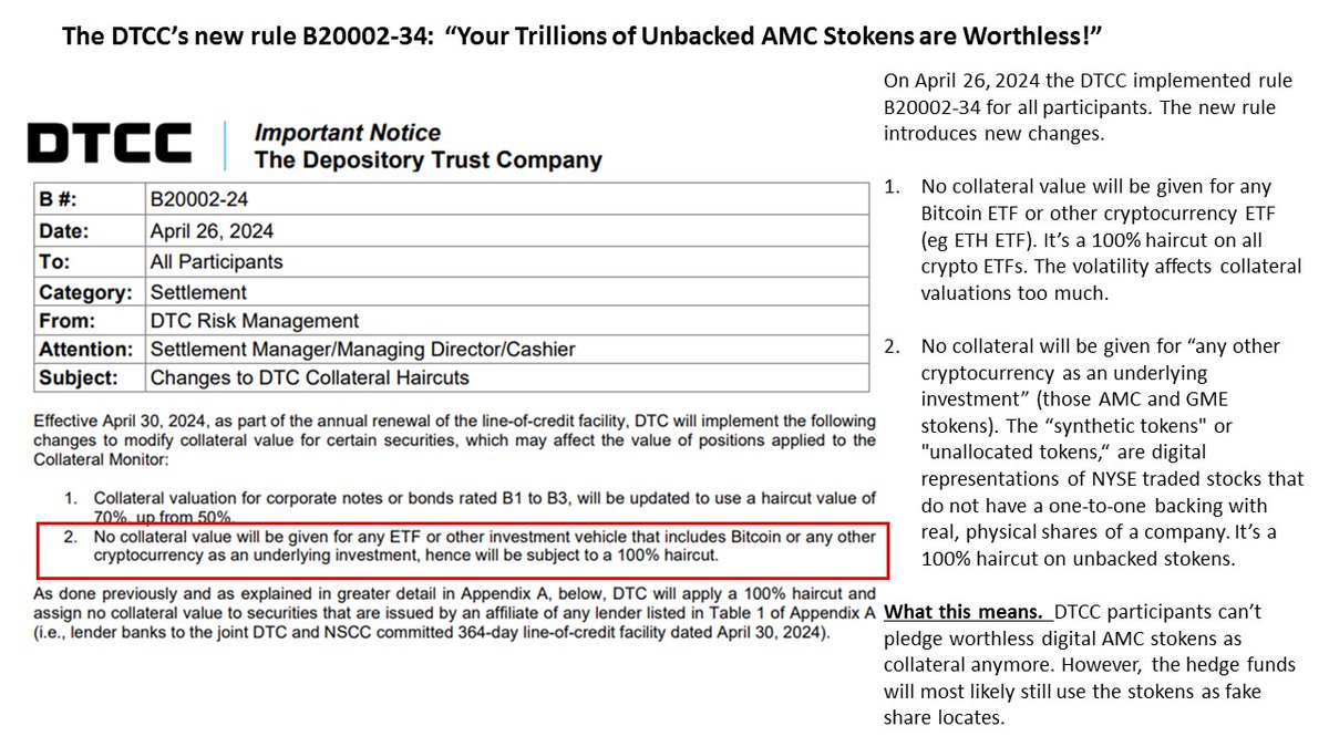 The DTCC acknowledged those #AMC and #GME stokens are worthless garbage!  They can no longer be used as participant collateral. It means short sellers must pledge more cash or long assets.  It infers the DTC is aware of illegal stoken abuse &amp; want real assets from its members.