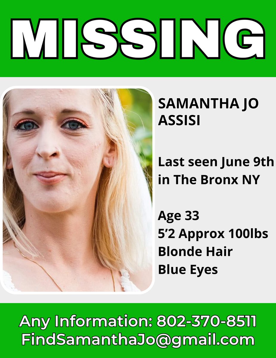 This is my cousin Sam. She was supposed to be at a treatment facility since June 9th but never checked in. I have reason to believe she’s in danger. Please help us find her. She has three children who need her. #FindSamanthaJo #missinginNYC