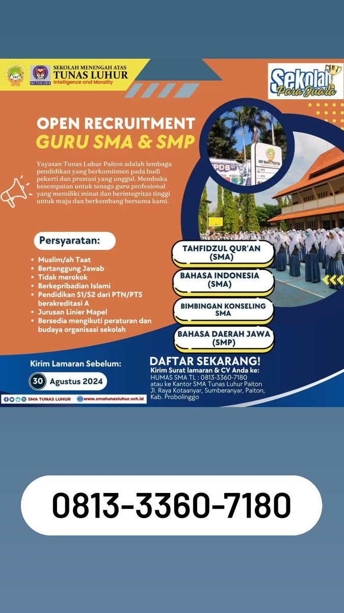 GoProbolinggo's tweet image. Rekrutmen Guru SMP dan SMA di Paiton Probolinggo 
#loker #lowongan #paiton #probolinggo