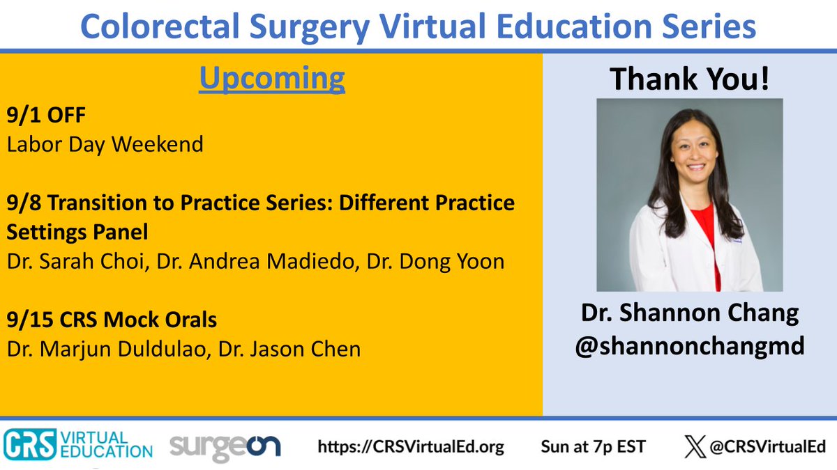 CRSVirtualEd (@crsvirtualed) on Twitter photo Thank you to <a href="/shannonchangmd/">Shannon Chang, MD</a> for an excellent talk this past Sunday! Be on the lookout for the 📹 if you missed it.
Coming soon 👀
Labor Day -> OFF
9/8 Different Practice Settings Panel
9/15 CRS Mock Orals (sign up to be an examinee here! forms.gle/faA9HLC9XMJX2C… ) Thank you to <a href="/shannonchangmd/">Shannon Chang, MD</a> for an excellent talk this past Sunday! Be on the lookout for the 📹 if you missed it.
Coming soon 👀
Labor Day -> OFF
9/8 Different Practice Settings Panel
9/15 CRS Mock Orals (sign up to be an examinee here! forms.gle/faA9HLC9XMJX2C… )