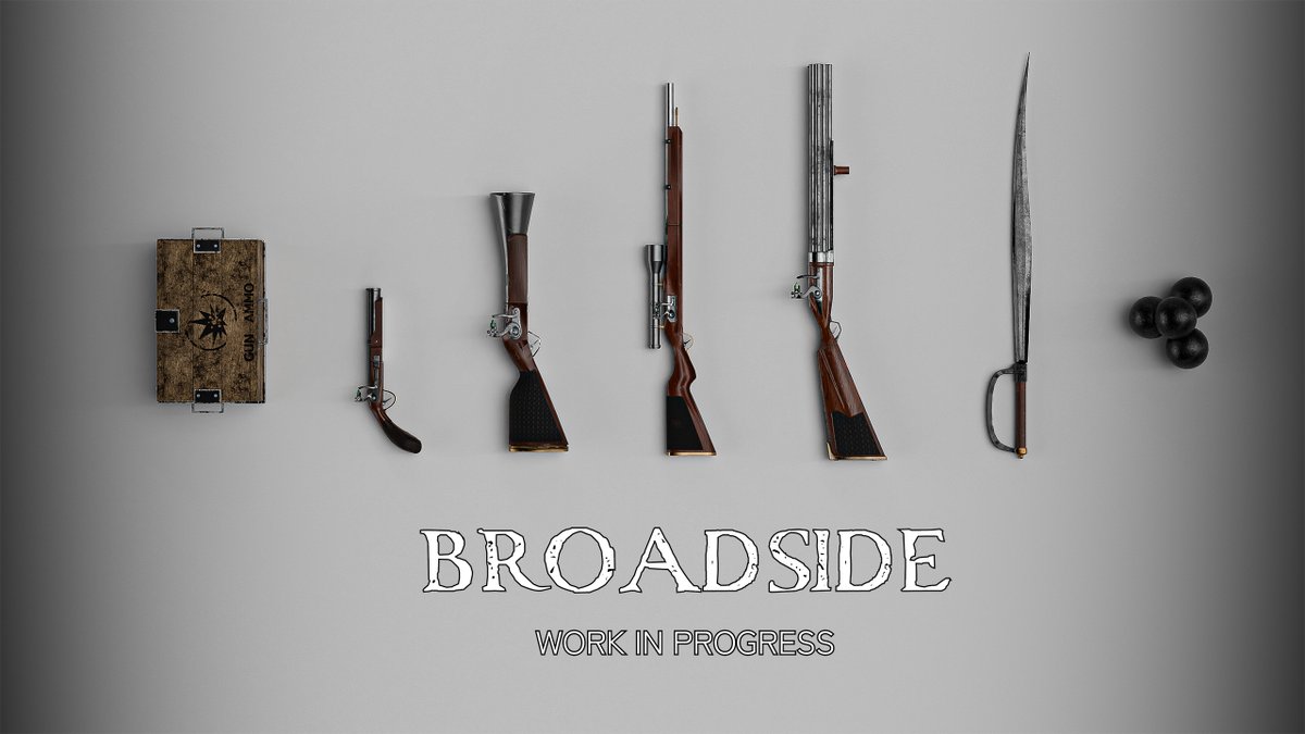 BroadsideDev's tweet image. Broadside will showcase 5 base weapons, each with its default skin. Our next challenge is implementing gun animations. As a small dev/art team juggling multiple tasks, we're working hard to keep the game on track. 
Galleon showcase is coming up soon.
Thanks for your patience!
