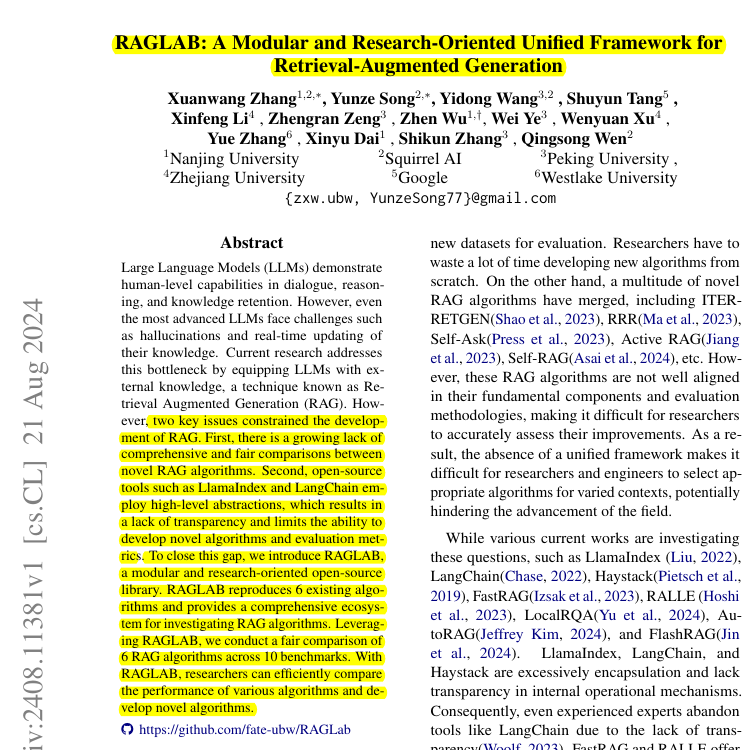 RAGLAB, great for standardizing RAG research, modular design and fair ...
