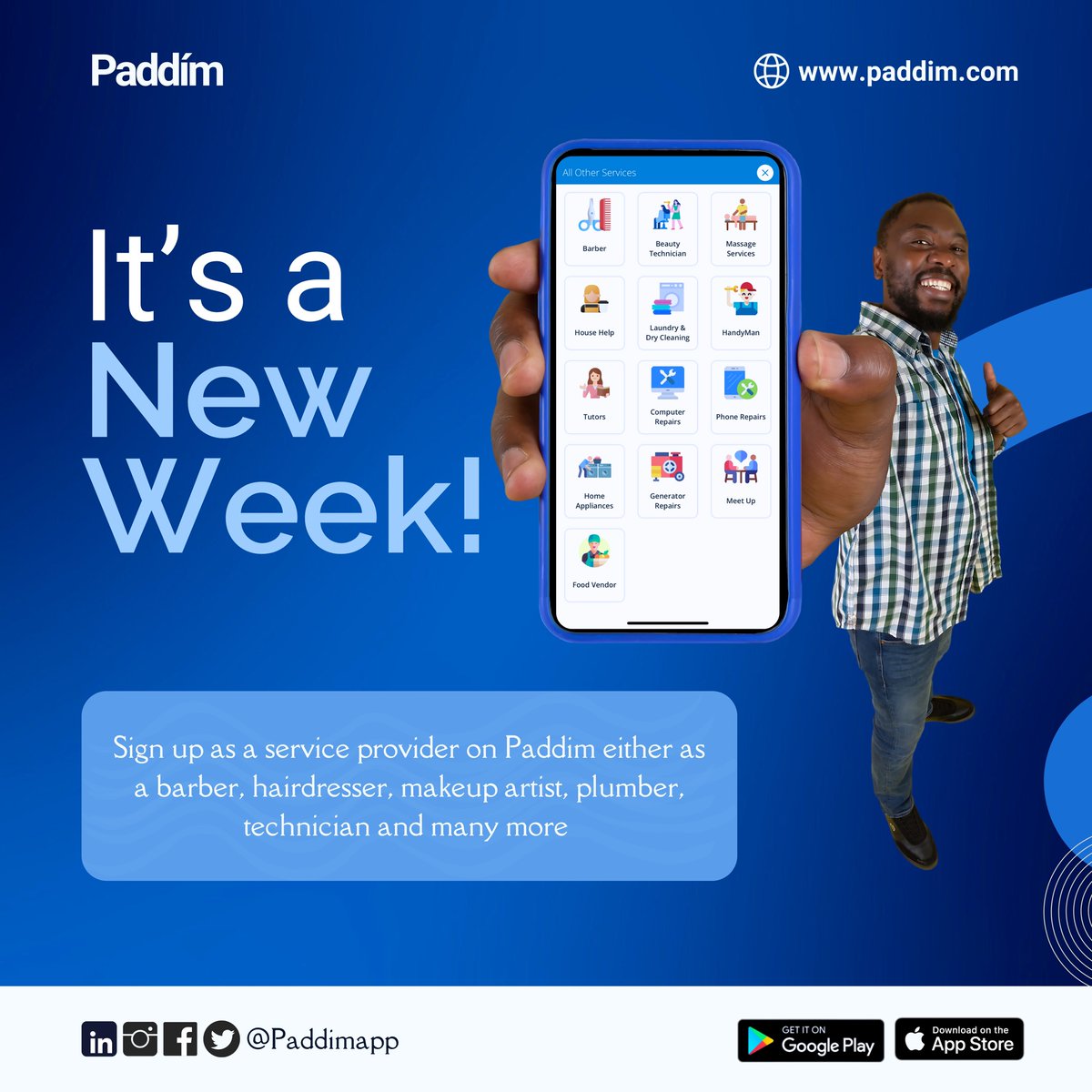 It's a New Week! Ready to boost your hustle? 

Sign up as a service provider on Paddim today! Whether you're a barber, beautician, handyman, or tech expert, connect with clients easily. 

Your skills, our platform—let's make things happen! 💪📲

 #LocalServices #Nigeria #services