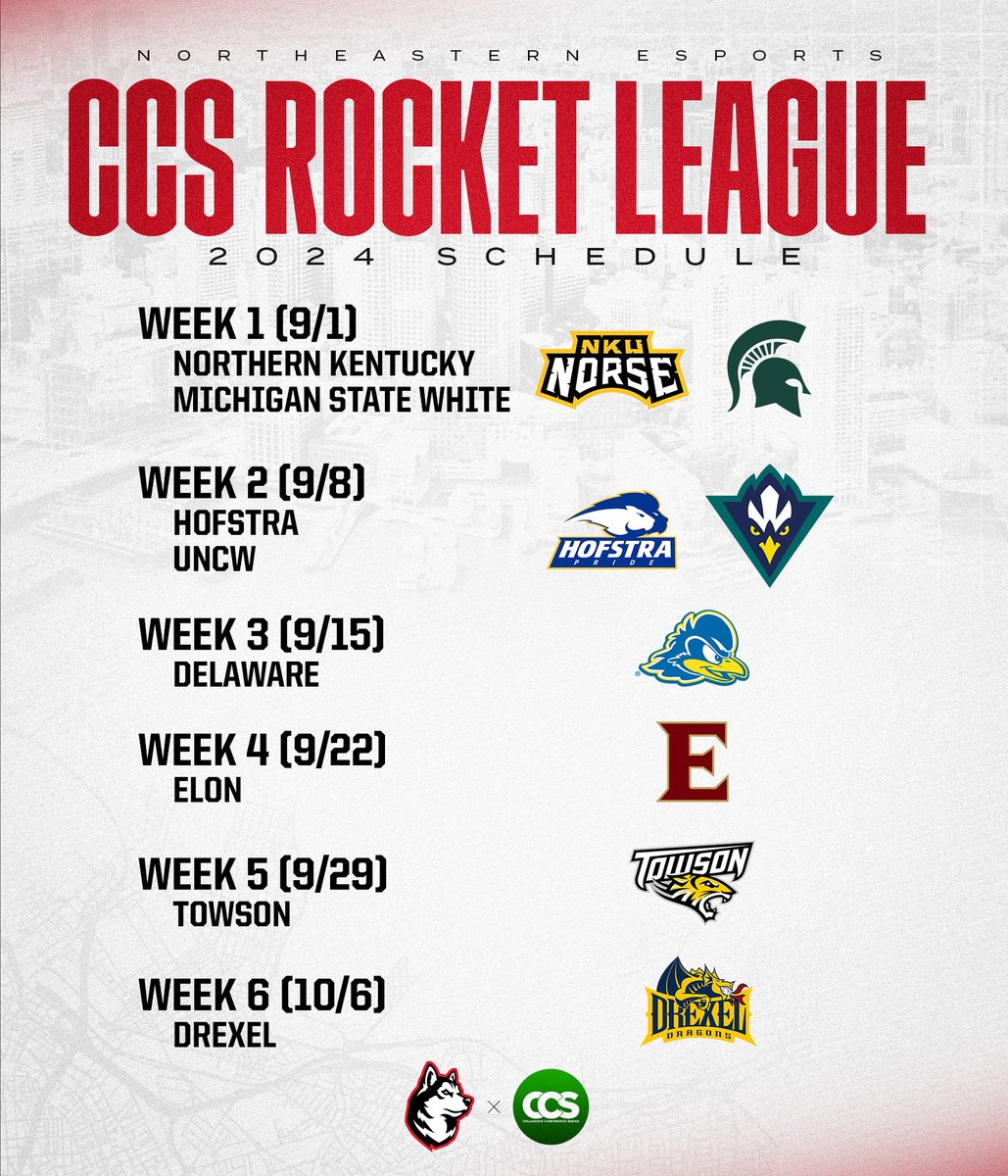 NU_ClubEsports's tweet photo. NEW SCHEDULE JUST DROPPED  ‼️🚨 

Bringing CAA Rivalries to Rocket League as we face off with six CAA schools in group play!

@CAASports 🤝 @CollegiateCCS https://t.co/yNHmFFgDTH