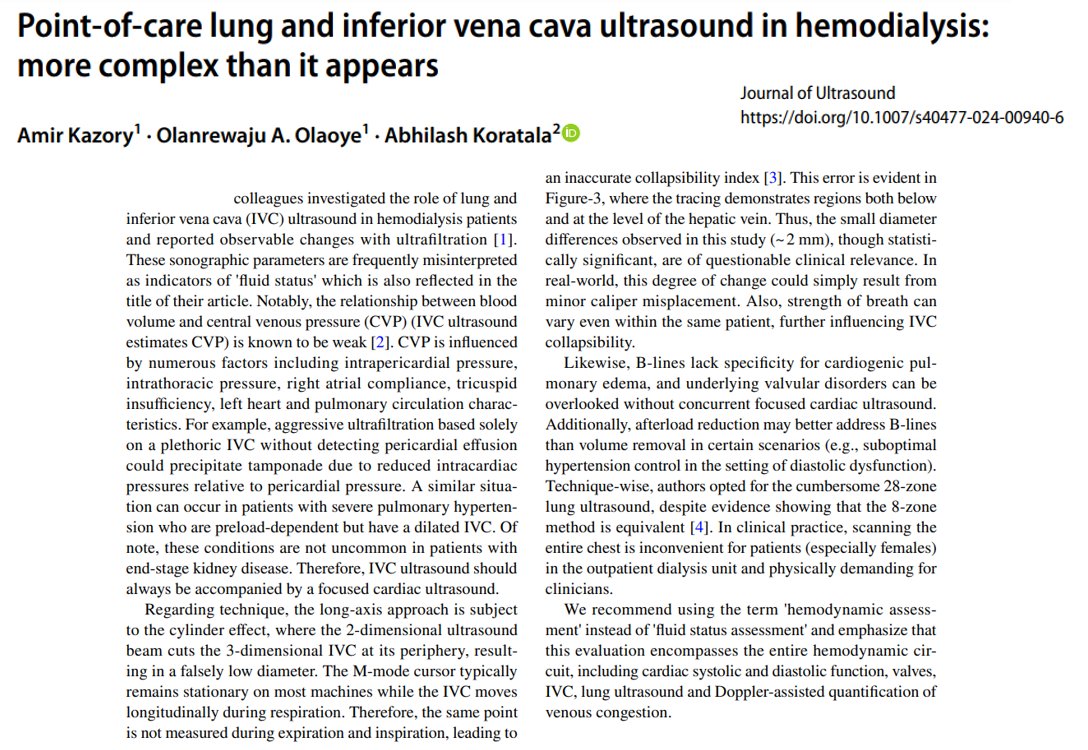 NephroPOCUS (@nephrop) on Twitter photo A short letter but a lot of #POCUS #Nephpearls
- <a href="/AmirKazory/">Amir Kazory</a> <a href="/OBayoOlaoye/">BayoOlaoye</a>
Isolated IVC or lung #ultrasound ā volume status.
Before drawing conclusions from studies, it's important to grasp the various physiological and technical factors at play.
šlink.springer.com/article/10.100⦠A short letter but a lot of #POCUS #Nephpearls
- <a href="/AmirKazory/">Amir Kazory</a> <a href="/OBayoOlaoye/">BayoOlaoye</a>
Isolated IVC or lung #ultrasound ā volume status.
Before drawing conclusions from studies, it's important to grasp the various physiological and technical factors at play.
šlink.springer.com/article/10.100ā¦