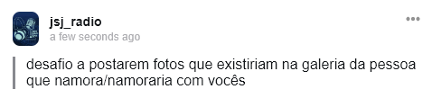 jsj_radio's tweet photo. Adoro esse tipo de desafio, nony! Vamos lá, pessoal, quais tipos de fotos o namorado ou namorada de vocês tem ou teriam no celular? 🤭 Sou exigente, então peço por pelo menos quatro fotos! https://t.co/0dTaPNUOkw
