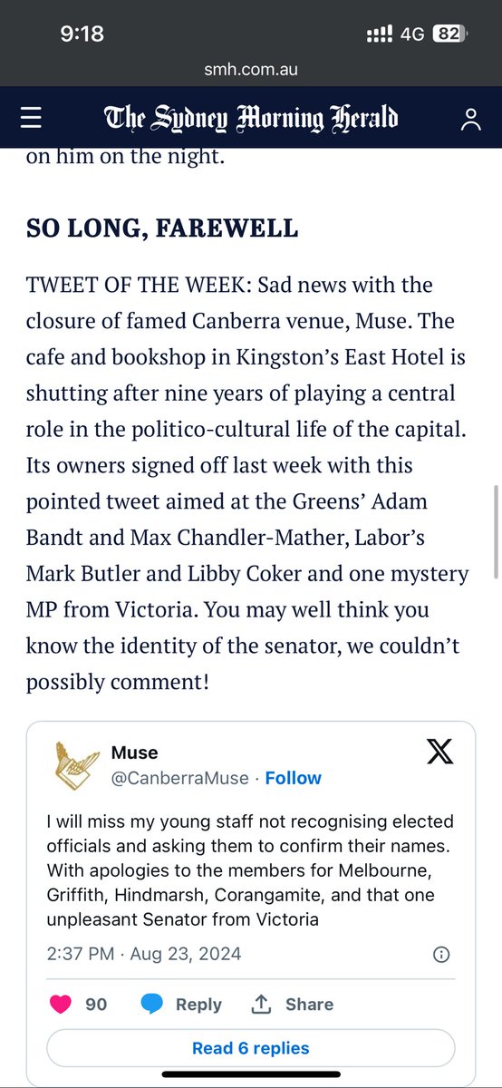 BalmoralBurn's tweet image. Cudos to @Baoluo20 and husb on the amusing send-off of Muse in today’s SMH- a “central role in the politico-cultural life of the capital”. Hope you have a well-earned break.