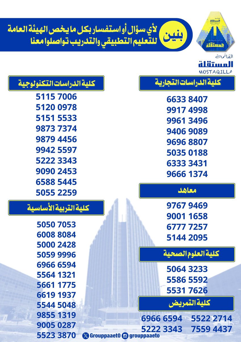 المتقدمين والمتقدمات على التطبيقي
 لأي سؤال أو استفسار بكل ما يخص الهيئة العامة للتعليم التطبيقي والتدريب التواصل معنا 💛💙🔻

drive.google.com/file/d/1mnWS1i…

المستقلة بخدمتكم💛💙

#paaet
#التطبيقي
#بعزائمنا_سيكتب_نصر_المستقلة