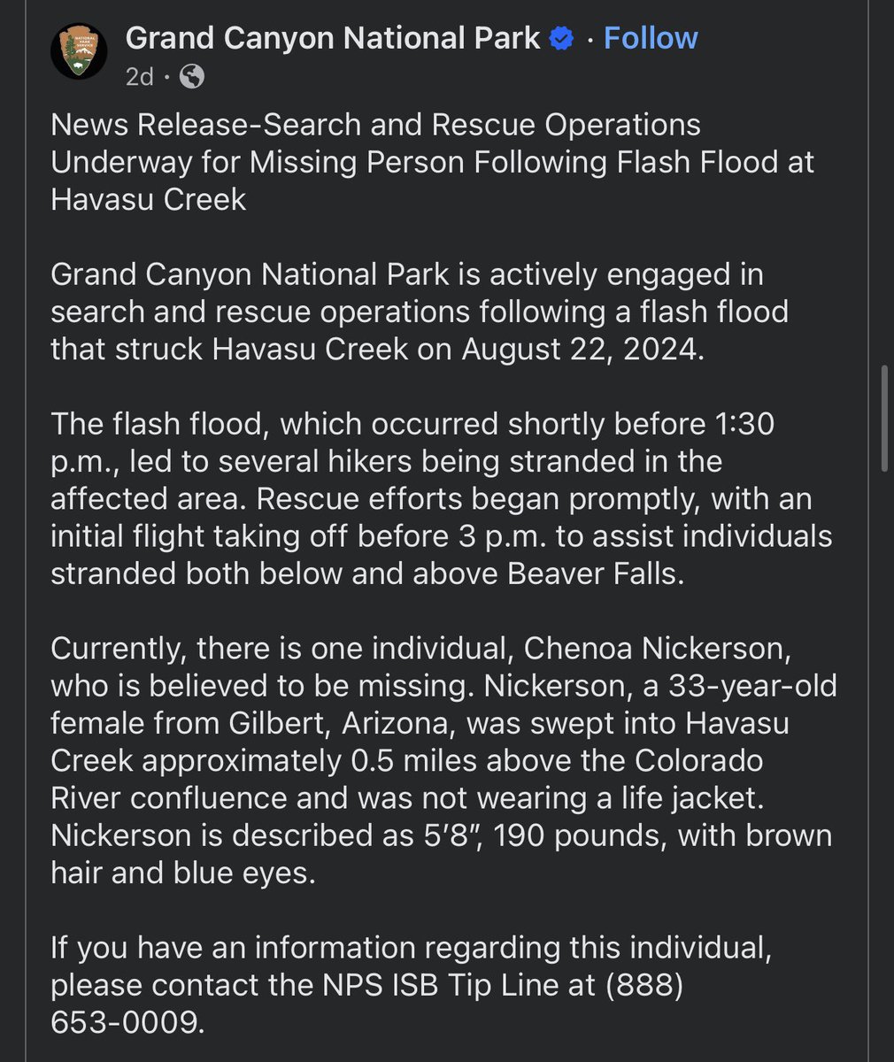 901Lulu's tweet photo. Chenoa Nickerson (33) has been missing since Thursday afternoon when heavy rain triggered a flash flood that washed her into Havasu Creek in the Grand Canyon. She is from Gilbert, Arizona. Her poor family. 😢 #MissingPerson https://t.co/jPukh057HQ