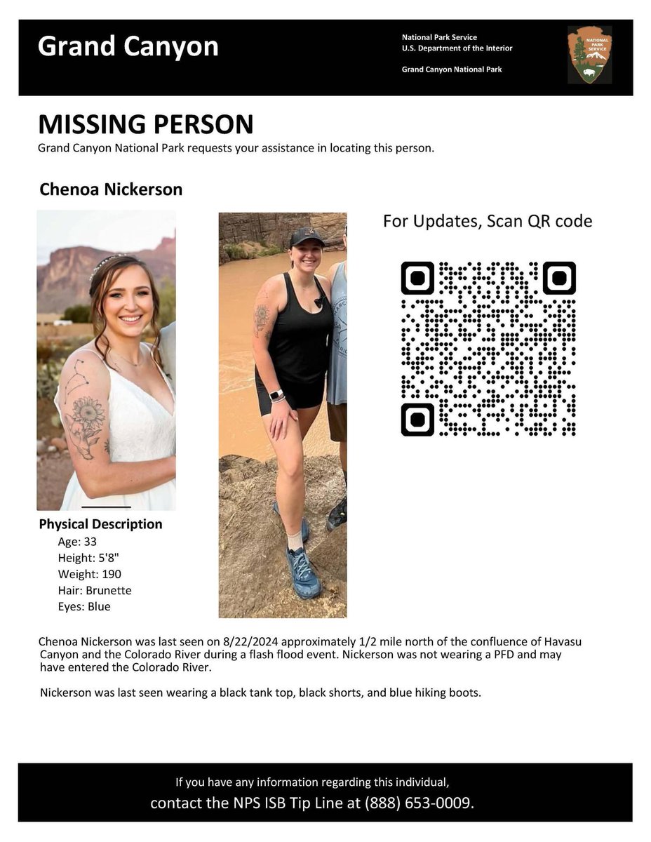 901Lulu's tweet photo. Chenoa Nickerson (33) has been missing since Thursday afternoon when heavy rain triggered a flash flood that washed her into Havasu Creek in the Grand Canyon. She is from Gilbert, Arizona. Her poor family. 😢 #MissingPerson https://t.co/jPukh057HQ