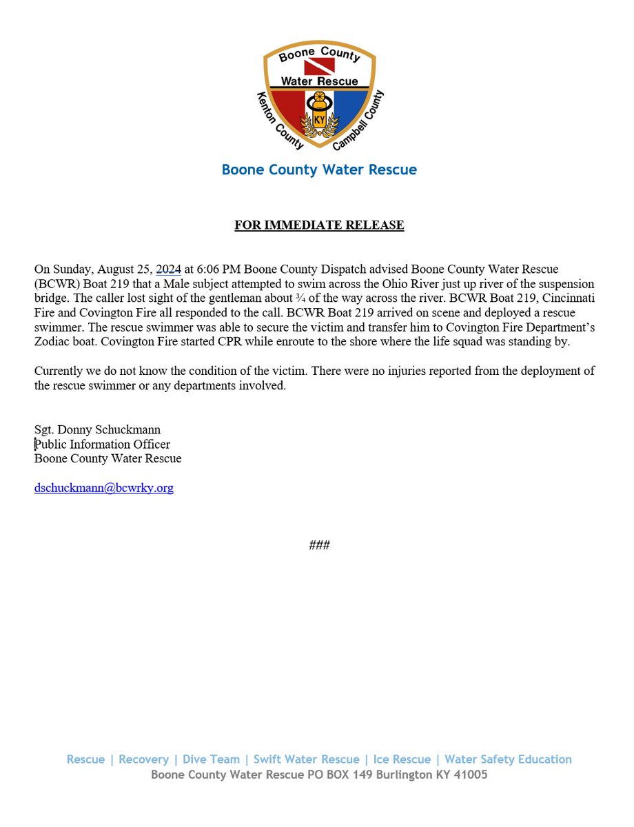 We have been receiving a lot of calls about detail on the river today at 6 pm. Please see Official Release below.