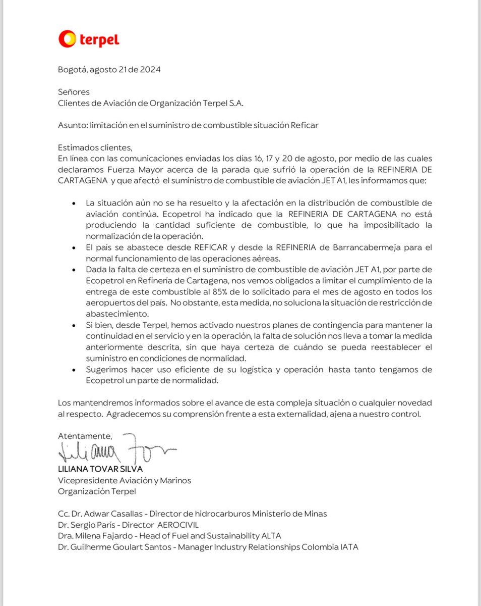 Juan_EspinalR's tweet photo. Presidente @petrogustavo acá está la evidencia de la alerta a la crisis que estamos enfrentando, asuma la responsabilidad. No le mienta al país! 

@ECOPETROL_SA importará 100 mil galones de combustible para los suministros de aviones. 

@petrogustavo Cuando llega a Colombia? https://t.co/ZS91jm1M1A