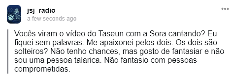 jsj_radio's tweet photo. Se são solteiros eu não sei, nony, mas vou deixar aqui a ask para eles responderem! Mas sim, tanto a voz do @choitaseunjsj quanto da @jsj_sora me arrepiam todo! É sempre uma honra ouvir esses dois cantar ❤️ https://t.co/nAiaeiW8j8