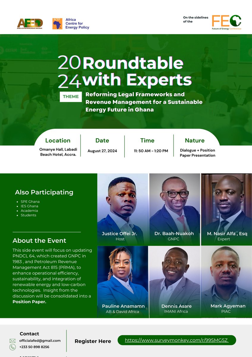 JustizeJr's tweet photo. Tuesday 27th August : I'm  giving out 20 seats for this session at the Future of Energy Conference (FEC) 2024 . Kindly use this link :https://t.co/ZyNpQZsb6n

@futureofenergy @AcepPower 
#afed #gnpc #piac @alexkmould https://t.co/JNMwZF3Dsp