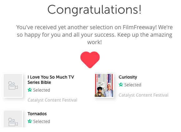 I am thrilled to share that "Curiosity," the short/TV POC, my written TV pilot "Tornados" and the series bible/pitch for the "I Love You So Much" series, have all gotten into the Catalyst Content Festival!♥️📽️ <a href="/CuriosityFilm21/">Curiosity (the Film)</a> #FilmTwitter