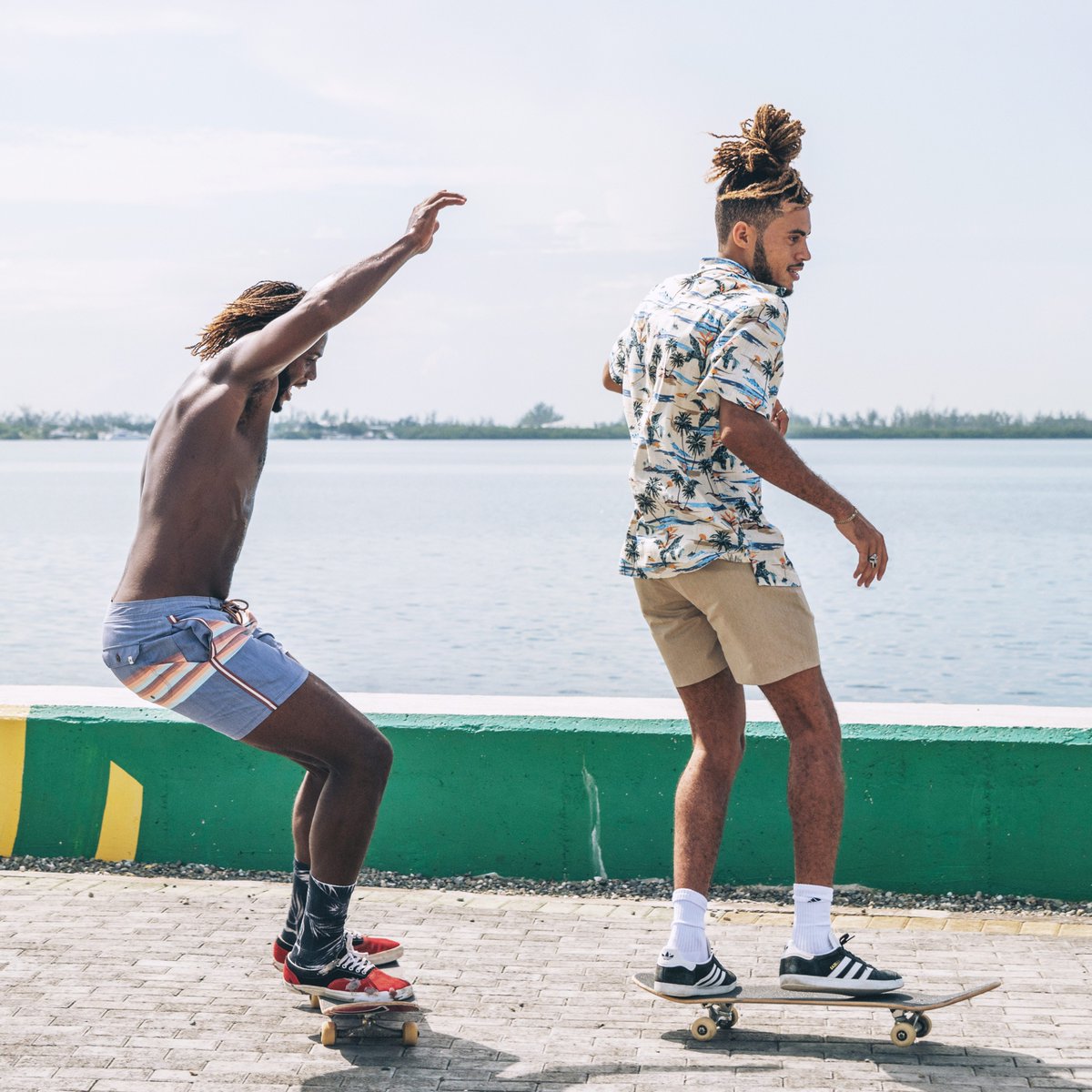 hurley's tweet photo. Sunday skate sesh with Shama and Ronald 🛹🌴❤️‍🔥 

Shop their looks at the link in bio 🔗 https://t.co/WDHUeCr3G1
