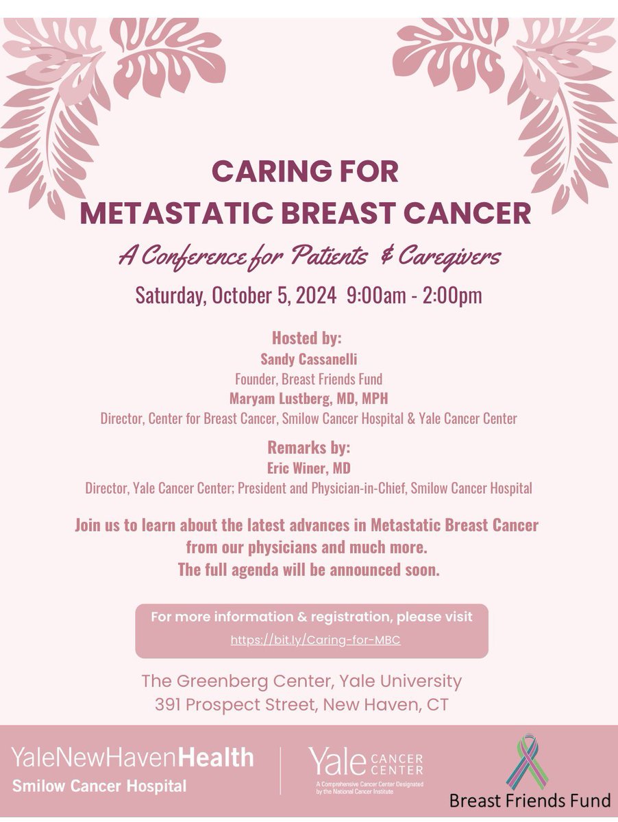 Sandy Cassanelli (@sandycassanelli) on Twitter photo Caring for Metastatic Breast Cancer: A Conference for Patients & Caregivers,” a special in-person program on Saturday, October 5, from 9:00am to 2:00pm
The full agenda and registration using this link:
bit.ly/Caring-for-MBC
<a href="/YaleCancer/">Yale Cancer Center</a> <a href="/YaleBreast/">YaleBreastCancer</a> <a href="/SmilowCancer/">Smilow Cancer Hospital</a> Caring for Metastatic Breast Cancer: A Conference for Patients & Caregivers,” a special in-person program on Saturday, October 5, from 9:00am to 2:00pm
The full agenda and registration using this link:
bit.ly/Caring-for-MBC
<a href="/YaleCancer/">Yale Cancer Center</a> <a href="/YaleBreast/">YaleBreastCancer</a> <a href="/SmilowCancer/">Smilow Cancer Hospital</a>