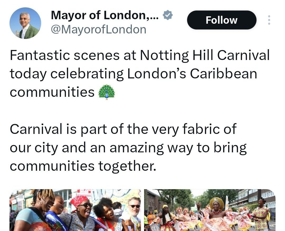 JamesHarvey2503's tweet photo. You are JOKING. A month ago Tommy Robinsons demonstration in London (which saw zero arrests) was branded a "far right" gathering, but Notting Hill Carnival - which has had 90 arrests, 3 stabbings, 6 sexual assaults, etc is branded a 'fantastic celebration'?

#TwoTierKhan https://t.co/VyaNyond3i