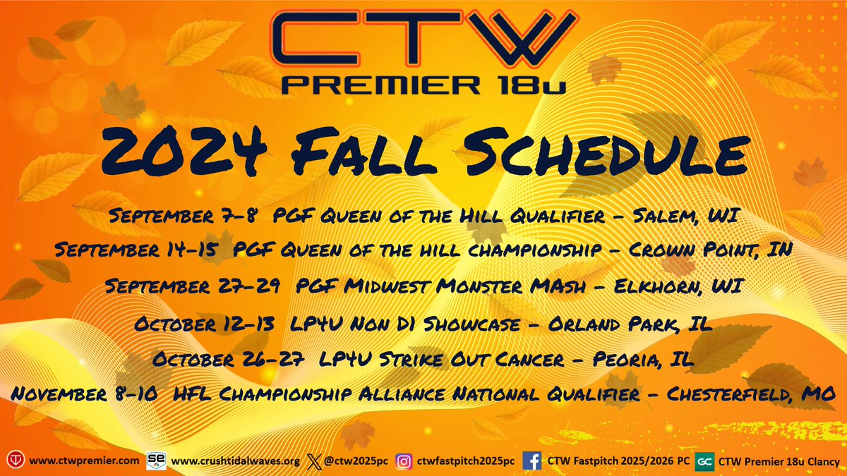 CTW Fastpitch 2025 PC Premier (@ctw2025pc) on Twitter photo Check out our fall schedule. We can’t wait to get out and play! Make sure you come watch this group of talented athletes play. Looking forward to seeing you at the diamond!
<a href="/Taylor30703620/">Taylor Franks</a>
<a href="/MakMalone2025/">Makayla Malone - RHP/OF - 2025</a>
<a href="/makj2277/">Makenna Jacobson</a>
<a href="/emma_lighthizer/">Emma Lighthizer</a>
<a href="/iyanagarza07/">Iyana Garza</a>
<a href="/emma_smith2025/">emma</a>
<a href="/jenna_w_12/">Jenna Williamson</a> Check out our fall schedule. We can’t wait to get out and play! Make sure you come watch this group of talented athletes play. Looking forward to seeing you at the diamond!
<a href="/Taylor30703620/">Taylor Franks</a>
<a href="/MakMalone2025/">Makayla Malone - RHP/OF - 2025</a>
<a href="/makj2277/">Makenna Jacobson</a>
<a href="/emma_lighthizer/">Emma Lighthizer</a>
<a href="/iyanagarza07/">Iyana Garza</a>
<a href="/emma_smith2025/">emma</a>
<a href="/jenna_w_12/">Jenna Williamson</a>
