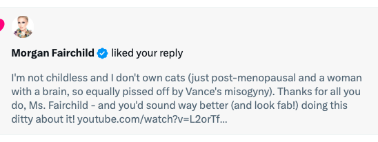 I'm kvelling! The actual <a href="/morgfair/">Morgan Fairchild</a> liked my post with a link to my cat videos song.  Now all I need to completely kvell is a like by <a href="/MarkHamill/">Mark Hamill</a> !!!! (Here's the video just in case, Mark . . .  youtube.com/watch?v=L2orTf…)