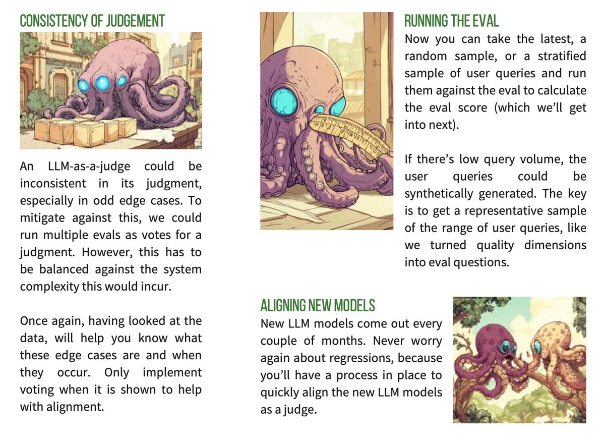 Eugene Yan (@eugeneyan) on Twitter photo Here's an engaging intro to evals by <a href="/sridatta/">Midnight Maniac Sri</a> and <a href="/iamwil/">Wil Chung</a>. They've clearly put a lot of care and effort into it, where the content is well organized with plenty of illustrations throughout.
Across 60 pages, they explain model vs. system evals, vibe checks and property-based Here's an engaging intro to evals by <a href="/sridatta/">Midnight Maniac Sri</a> and <a href="/iamwil/">Wil Chung</a>. They've clearly put a lot of care and effort into it, where the content is well organized with plenty of illustrations throughout.
Across 60 pages, they explain model vs. system evals, vibe checks and property-based