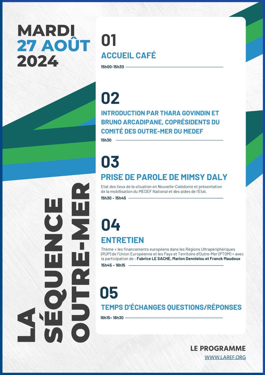MedefGuyane's tweet photo. 🚨🚨[Libérer le Pouvoir des entreprises : Maximiser la mobilisation des financements européens dans les #RUP et les #PTOM]

Heureux de vous retrouver le Mardi 27/08, de 15h à 17h pour la séquence OM à #LaRef24, à l’hippodrome de Longchamp au Salon « Allez France »(4ème étage)✅ https://t.co/TyrzeV2OOU