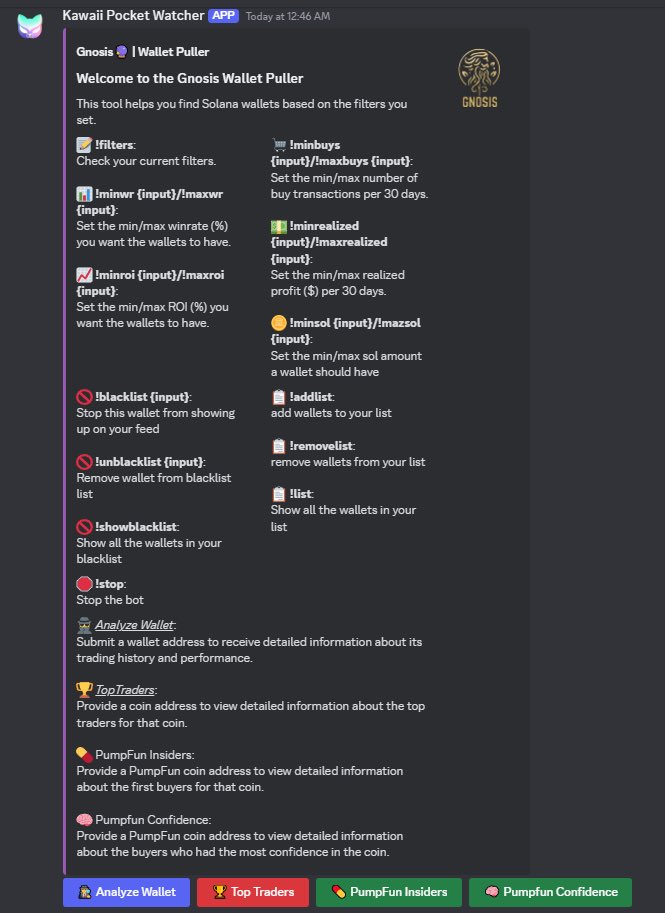 Tired of manually searching for insider and cabal wallets?

Let Pocket Watcher do it for you, effortlessly 🫵

Set your filters and let it run 🏃‍♂️💨

Find tons of profitable wallets to copy trade and monitor 

discord.gg/kawaiilabs