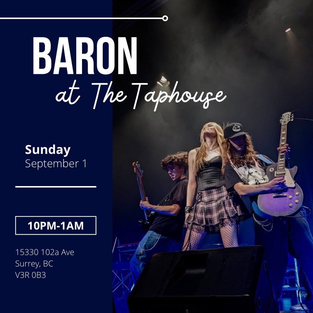 Baronbandd's tweet photo. BARON at The Taphouse Guilford! Labour Day Long Weekend, September 1st from 10:00pm-1:00am!
Save the date and come rock with us!
#rock #music #baron #rocknroll #vancouver #baron #livemusic #vancouvernightlife #taphouse https://t.co/UFJeaotmE2