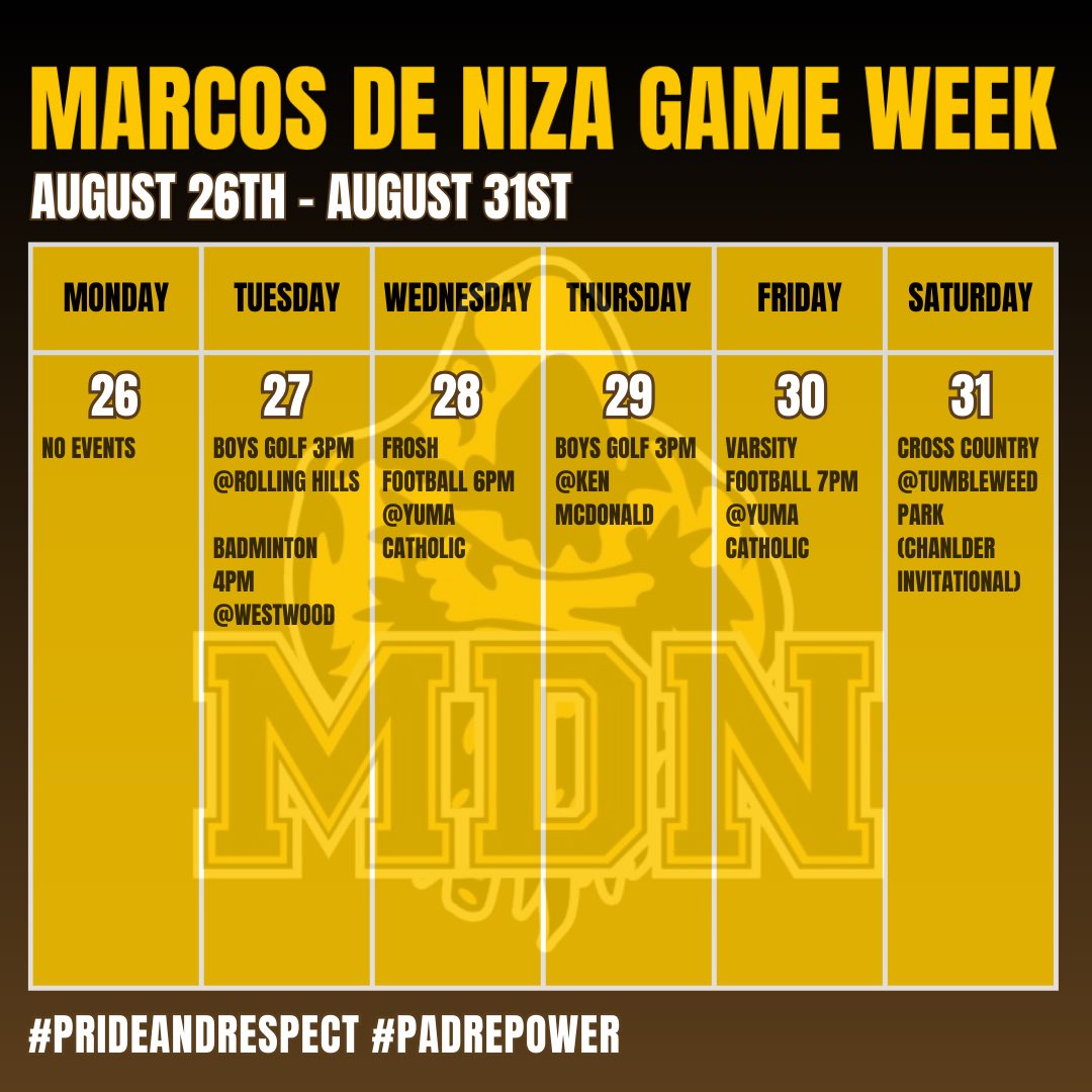 MdNAthletics's tweet photo. Here’s a look at this week’s athletics events! Let’s go, Padres! #prideandrespect #padrepower https://t.co/IHpvQkAFnP