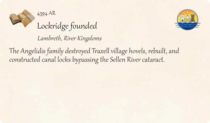 GolarionToday's tweet photo. 4394 AR: Lockridge founded
#Lockridge #Lambreth #Traxell #RiverKingdoms #4394AR #AngelidisFamily #SellenRiver
https://t.co/rSodFOQFia
The Angelidis family destroyed Traxell village hovels, rebuilt, and constructed canal locks bypassing the Sellen River cataract. https://t.co/N2egkHa7IH