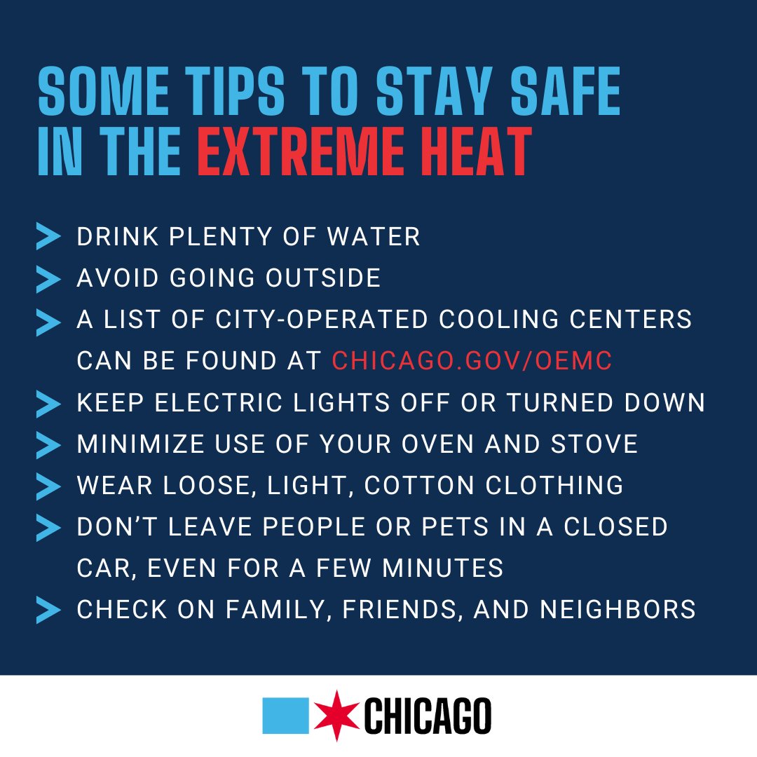 The National Weather Service in Chicago has issued an Excessive Heat Warning from noon Monday to Tuesday 10pm due to dangerously hot conditions. 

More than 250 Cooling Center locations have been activated and are open through Wednesday for residents to find relief from the heat.