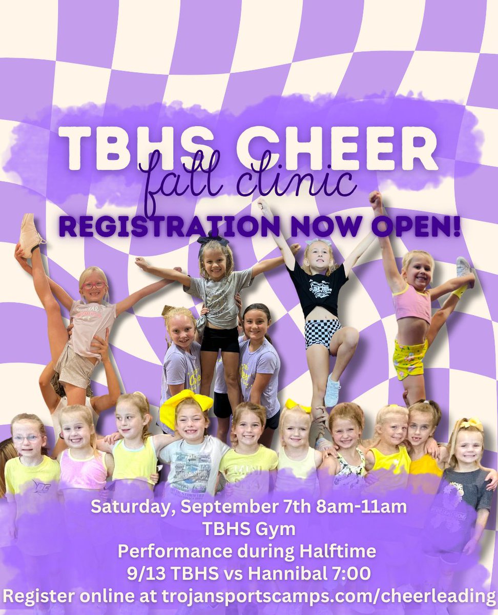 📣Come cheer with us! 📣

 Join us at our 2024 Fall Mini Clinic on September 7th! Registrants will learn a routine and will have the opportunity to perform with our Varsity squad at the 9/13 home game vs Hannibal🤩 Sign up today using the link in our bio🌟