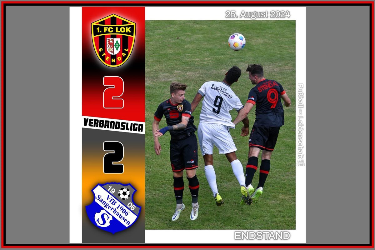 #ErsteMänner #Verbandsliga ► 2. Spieltag

1. FC Lok Stendal vs. VfB 1906 Sangerhausen   2:2 (0:1)

◣ Tore
0:1 Bruno Weick (6.)
0:2 Max Hennig (55.)
1:2 Rosario Schulze (75.)
2:2 Illia Ilchenko (81.)
◣ Zuschauer
189

#nurderlok
#fußballausleidenschaft

1fc-lok-stendal.de/verein/neuigke…