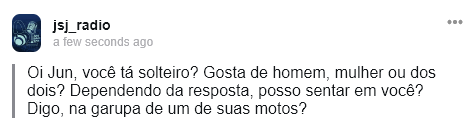 jsj_radio's tweet photo. Boa noite @junseojsj! Esse anônimo quer saber se tem espaço na sua garupa… E algumas coisinhas mais também. #jsj18 https://t.co/19PAeO2w32