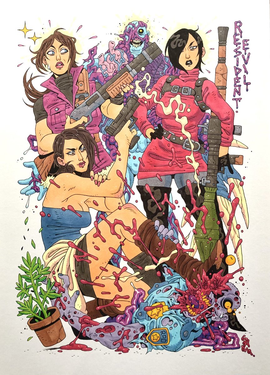 ohnosam's tweet image. Finished up this Resident Evil commission. Ink and Copic markers on A3 paper.
