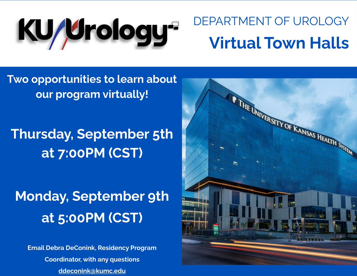 Urology_KU's tweet photo. 🚨Join us for our 2024 Virtual Town Halls🚨 

2️⃣ opportunities to learn about our program ahead of in-person interviews! 

Link to register: https://t.co/ZzEtpuTBA9 

@Uro_Res @UroResidency #AUAMatch #UroRes https://t.co/ShAWHrVIvp