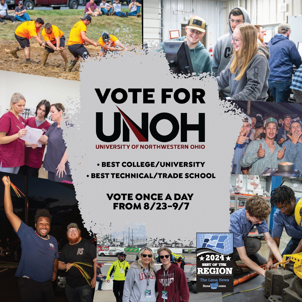 UNOH_edu's tweet photo. We're thrilled to be nominated for Lima's Best of the Region Contest! 🏁 Vote for us as the Best College/University &amp; Best Technical/Trade School from August 23 to September 7. You can vote once every day! 🏆 #BestOfTheRegion

👉 https://t.co/Jw0eT1KtdZ https://t.co/lzQVowqt2Y