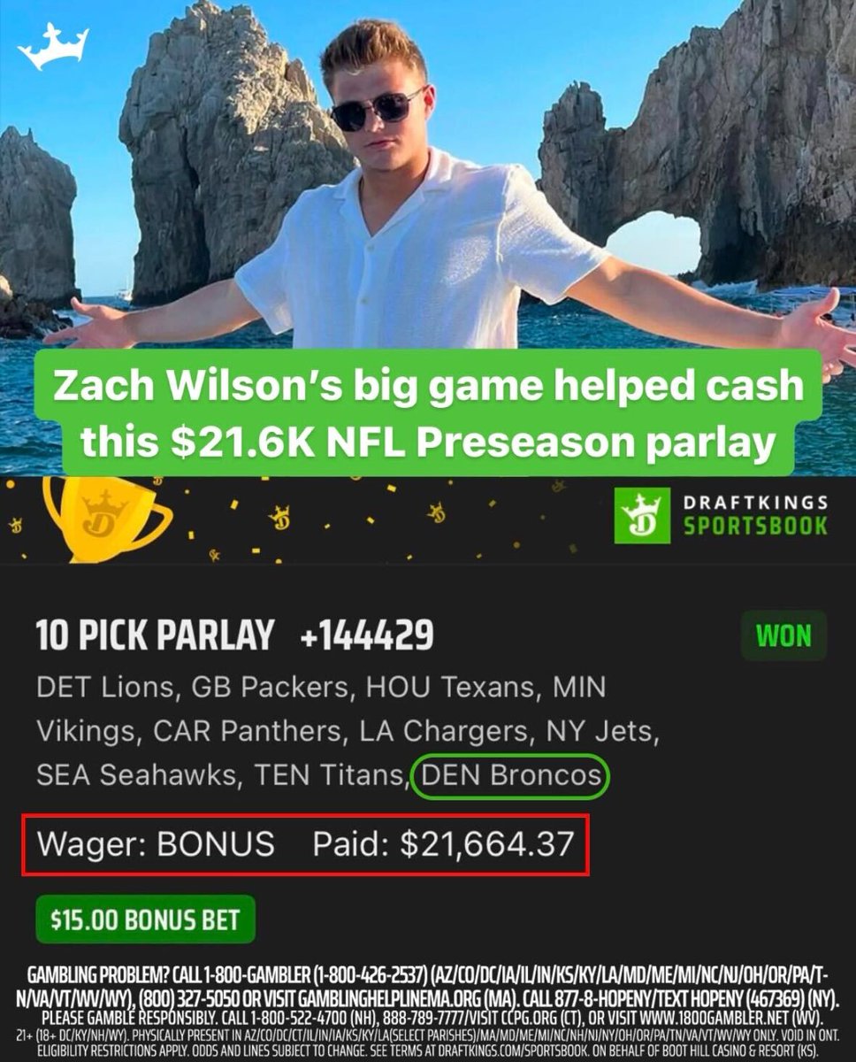 DKSportsbook's tweet image. BONUS BET ➡️ $21.6K NFL PRESEASON PARLAY WIN!

(via nickkmal/IG) #TheCrownIsYours