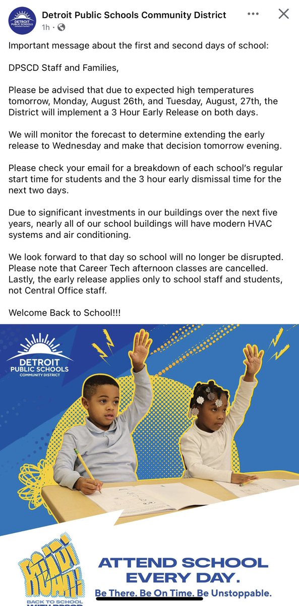 #BREAKING: <a href="/Detroitk12/">DPSCommunityDistrict</a> (DPSCD) returns to the classroom tomorrow (Monday 26 August 2024). But, due to the forecast temperatures and heat index values, Detroit Public Schools Community District will operate on a 3 Hour Early Dismissal both Monday and Tuesday… #MIWX <a href="/Local4News/">Local 4 WDIV Detroit</a>
