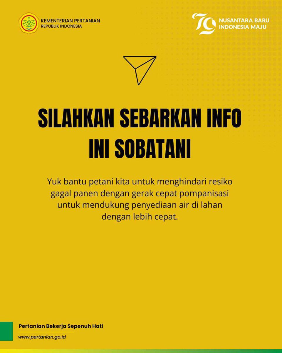 Hai #SobatTernak ada informasi nih dari <a href="/kementan/">Kementerian Pertanian RI</a> 
Info Penting untuk SobaTani!
Di daerahmu terdapat areal persawahan yang sedang/sudah dilakukan pertanaman namun kurang suplesi air? Padahal ada sumber air yang dapat dimanfaatkan?
Hubungi kontak ini yaa sobat
#DitjenPKH