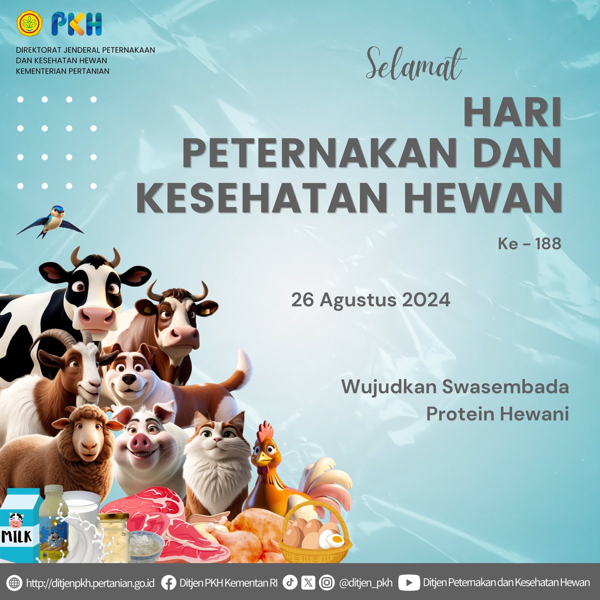#SobatTernak Selamat memperingati Hari Peternakan dan Kesehatan Hewan yg ke-188
Kesehatan Hewan Tangguh
Peternakan Indonesia Tumbuh
Peternakan &amp; Kesehatan Hewan Berjaya
Masyarakat Indonesia Sejahtera
Maju terus peternakan Indonesia 
Wujudkan Swasembada Protein Hewani
#DitjenPKH