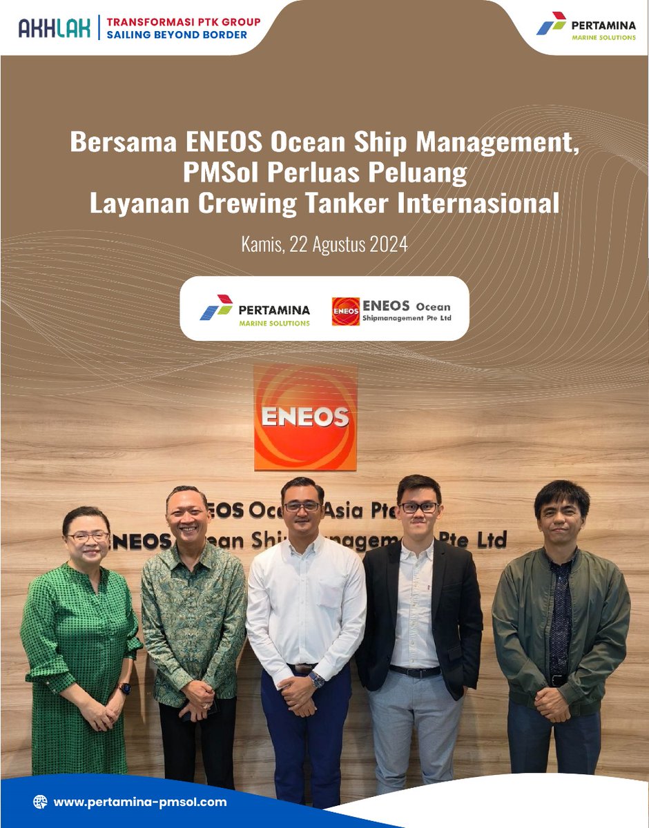 PMSol_Pertamina's tweet photo. Perluas layanan crewing tanker dalam industri pelayaran internasional, PMSol sambangi ENEOS Ocean di Singapura (22/08/2024). PMSol secara aktif membuka peluang kemitraan dengan ENEOS Group. Pertemuan ini merupakan titik awal strategis untuk bangun kerjasama saling menguntungkan. https://t.co/suloimymnc