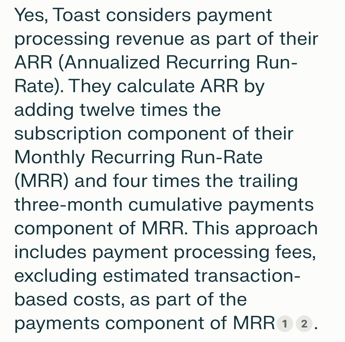 BrianForde's tweet photo. @jasonlk Interesting. They do consider it ARR and calculate it by multiplying last quarter’s payment processing rev (minus transaction costs) by four according to Perplexity. 

Curious, is this how other vSaaS startups calculated it  who’ve pitched you? https://t.co/93YPkFedcH