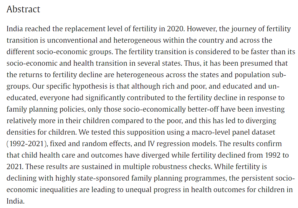 Just accepted: "Diverging Destinies: How Children are Faring Under Demographic Transition", by Narjinary and Goli (<a href="/SrinivasGoli1/">Srinivas Goli</a>). Link: doi.org/10.1016/j.ehb.….