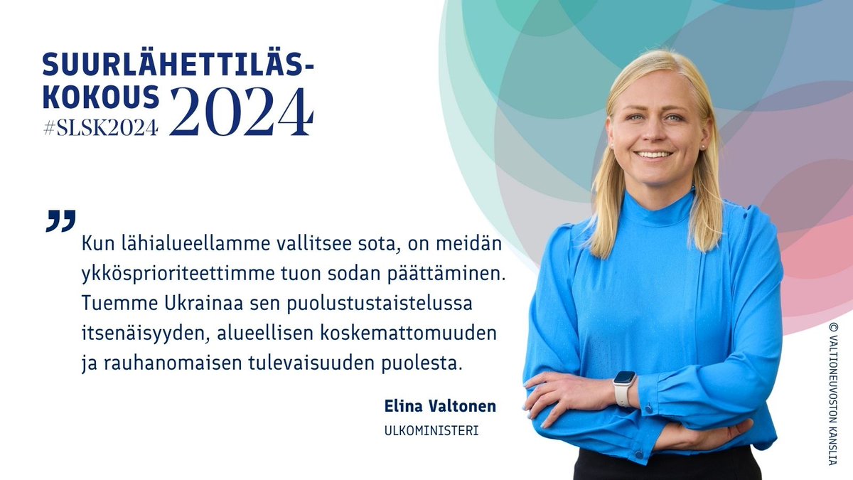 MFA Finland 🇫🇮 (@ulkoministerio) on Twitter photo "Hankimme Ukrainalle ja kansainväliselle oikeudelle tukea niin Euroopan unionissa kuin maailmallakin. Tuemme Ukrainaa, jotta maailmassa vallitsisi rauha eikä vahvemman oikeus", toteaa <a href="/elinavaltonen/">Elina Valtonen</a> suurlähettiläskokouksen puheessaan. #SLSK2024
⬇️
um.fi/puheet/-/asset… "Hankimme Ukrainalle ja kansainväliselle oikeudelle tukea niin Euroopan unionissa kuin maailmallakin. Tuemme Ukrainaa, jotta maailmassa vallitsisi rauha eikä vahvemman oikeus", toteaa <a href="/elinavaltonen/">Elina Valtonen</a> suurlähettiläskokouksen puheessaan. #SLSK2024
⬇️
um.fi/puheet/-/asset…