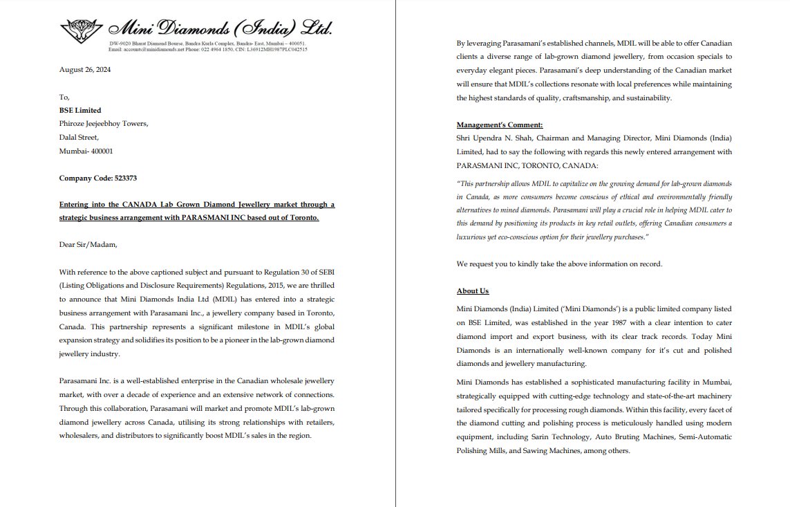 ravibhaumiriya's tweet image. Mini Diamonds (India) Ltd

#MINID 

Entering into the CANADA Lab Grown Diamond Jewellery market through a strategic business arrangement with PARASMANI INC based out of Toronto.