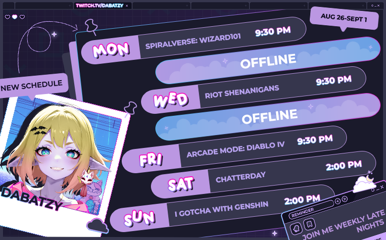 GerblinTV's tweet image. Hello Hello! It's your local Gremlin, AKA DaBatzy here for a new WEEKLY schedule for August 26th-Sept 1st! Hope to see you stop by and say Hi. #twitchgamer #StreamerCommunity #Wizard101 #riotgame #VALORANT